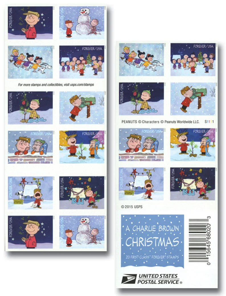 A Charlie Brown Christmas Forever stamps 5 books of 20 (100 stamps total)