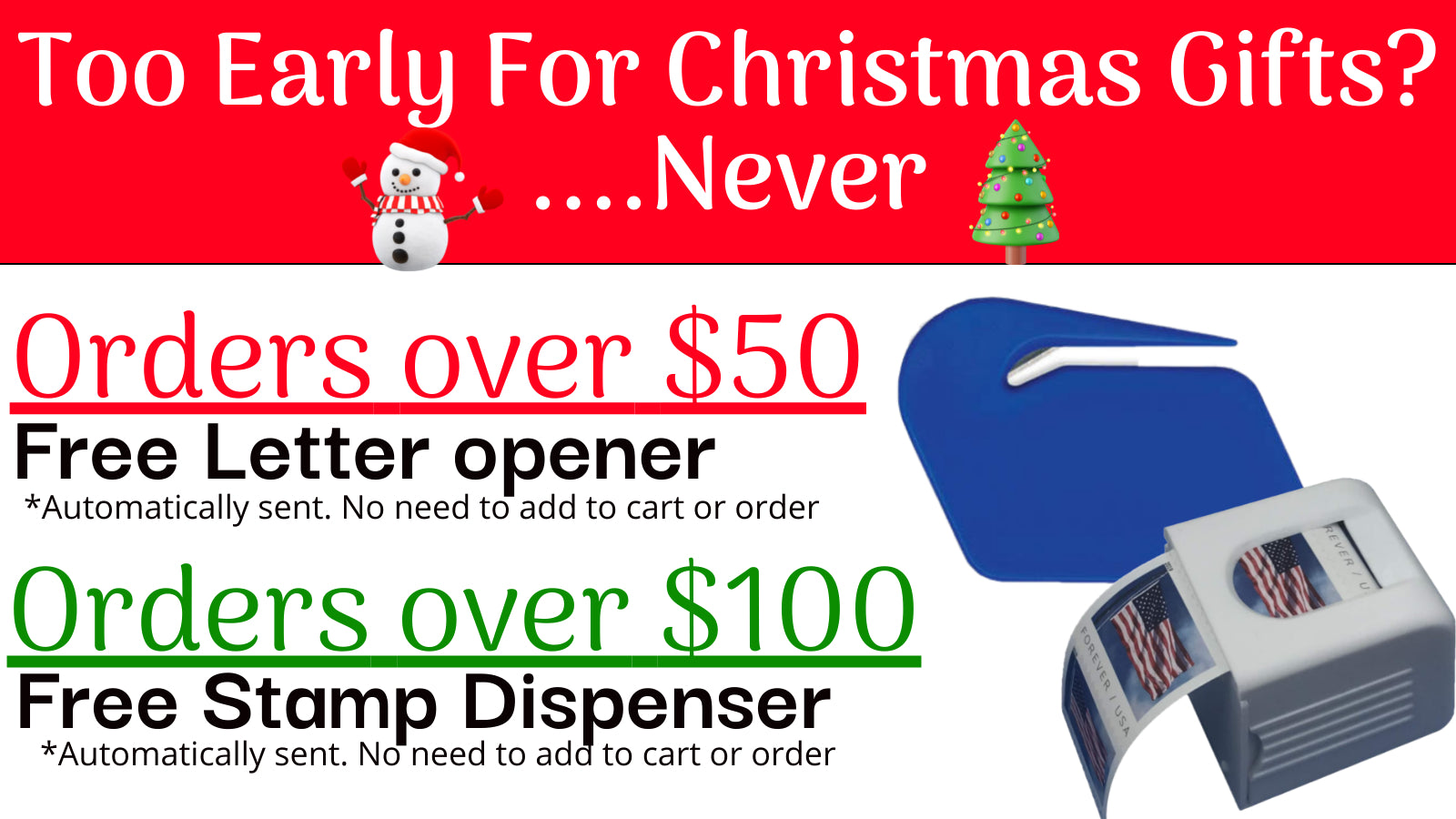 Promotional advertisement with text and graphics for free gifts with orders over $50 and $100, featuring a letter opener and stamp dispenser.